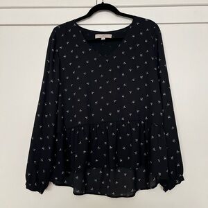 LOFT Women’s B&W Peplum Flair Peasant Flowy Crescent Moon V-Neck Long Sleeve Top